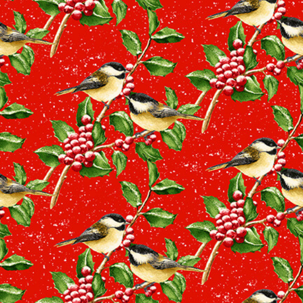 Henry Glass Fabric FQ 18"x22" / Chickadees on Red FLANNEL Fabric, Snow Bird Collection by Henry Glass Cardinals on Branches or Chickadees on Red