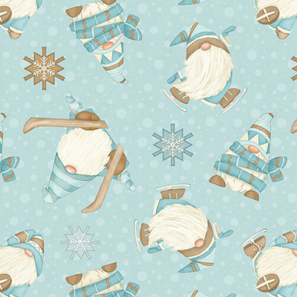 Henry Glass Fabric FQ (Fat Quarter) 18"x21" / Aqua I Love Sn'Gnomies Flannel Ice Skating Gnomes in Aqua or Beige by Henry Glass