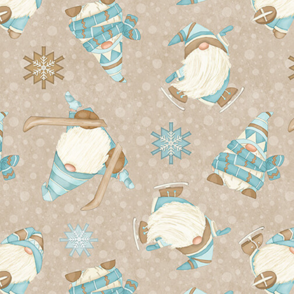 Henry Glass Fabric FQ (Fat Quarter) 18"x21" / Beige I Love Sn'Gnomies Flannel Ice Skating Gnomes in Aqua or Beige by Henry Glass