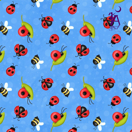 Henry Glass Fabric FQ (Fat Quarter 18"x21") / Blue Gnome is Where Your Garden Grows Ladybug Fabric & Bees Fabric by Henry Glass