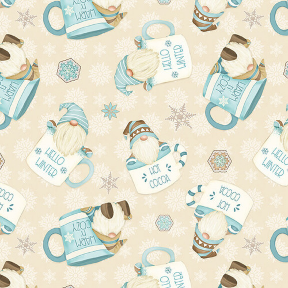 Henry Glass Fabric FQ (Fat Quarter) 18"x21" / Cream I Love Sn'Gnomies Flannel Gnomes in Cocoa Mugs in Cream or Mocha Brown by Henry Glass
