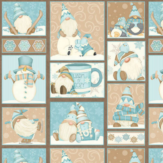 Henry Glass Fabric FQ (Fat Quarter) 18"x21" I Love Sn'Gnomies Flannel Aqua & Beige Gnome Patchwork Cheater Quilt Fabric by Henry Glass