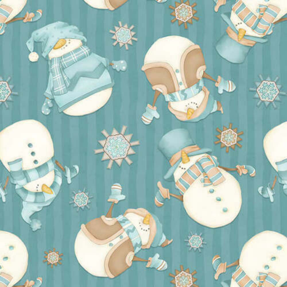 Henry Glass Fabric FQ (Fat Quarter) 18"x21" I Love Sn'Gnomies Flannel Dark Aqua Tossed Snowmen by Henry Glass