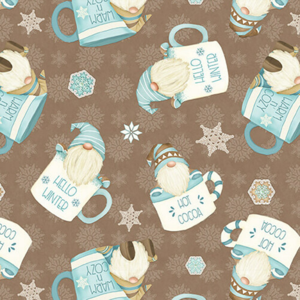 Henry Glass Fabric FQ (Fat Quarter) 18"x21" / Mocha Brown I Love Sn'Gnomies Flannel Gnomes in Cocoa Mugs in Cream or Mocha Brown by Henry Glass