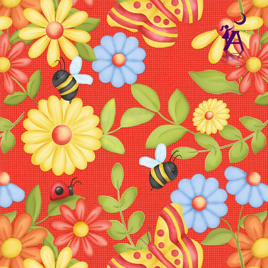 Henry Glass Fabric FQ (Fat Quarter 18"x21") / Red Gnome is Where Your Garden Grows Butterflies & Bees Fabric by Henry Glass