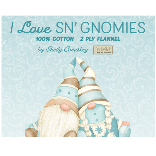 Henry Glass Fabric I Love Sn'Gnomies Flannel Aqua & Beige Gnome Patchwork Cheater Quilt Fabric by Henry Glass
