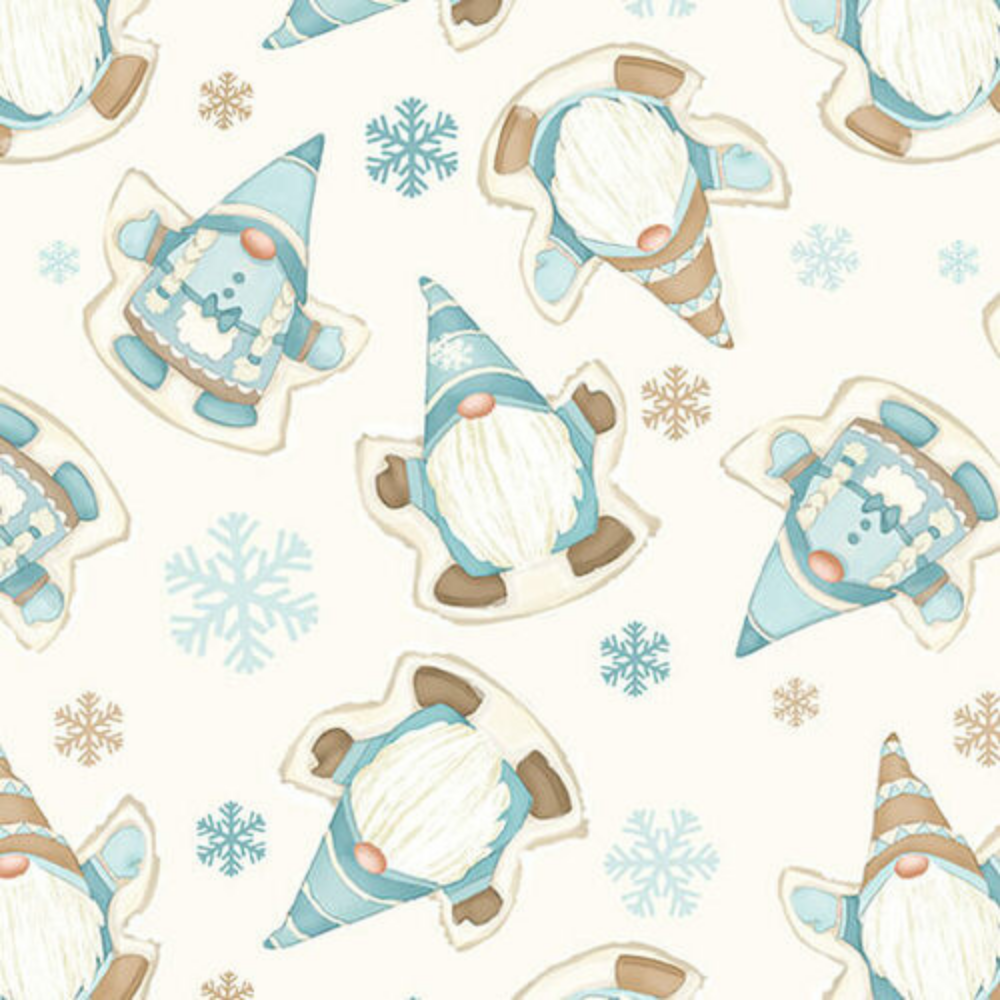 Henry Glass Fabric I Love Sn'Gnomies Flannel Aqua & Beige Gnome Patchwork Cheater Quilt Fabric by Henry Glass