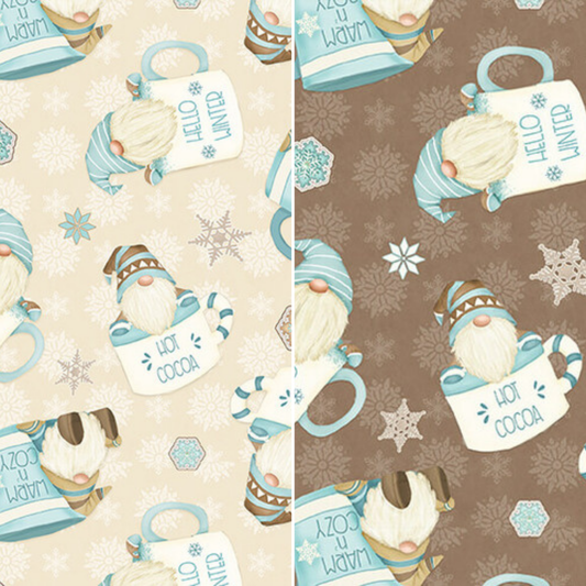 Henry Glass Fabric I Love Sn'Gnomies Flannel Gnomes in Cocoa Mugs in Cream or Mocha Brown by Henry Glass