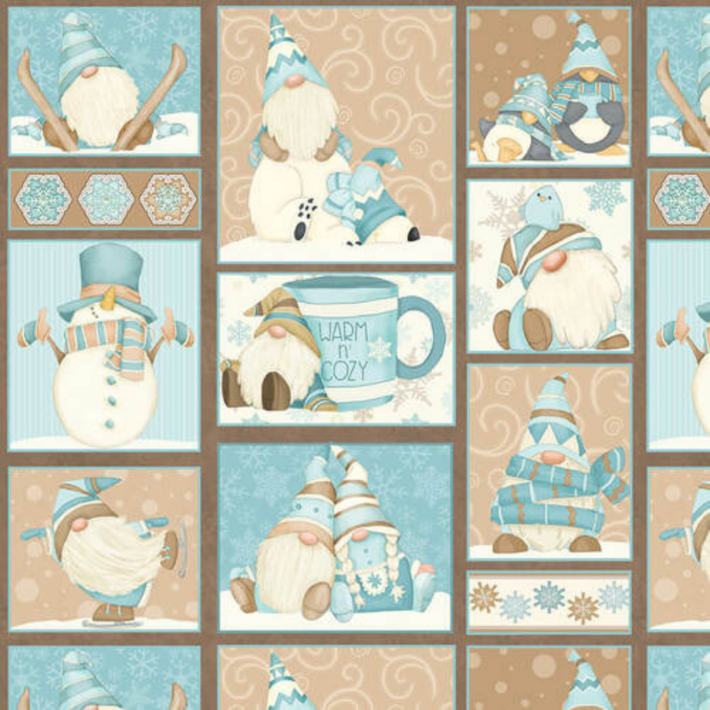 Henry Glass Fabric I Love Sn'Gnomies Flannel Ice Skating Gnomes in Aqua or Beige by Henry Glass