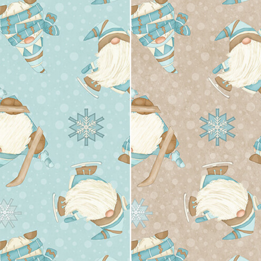 Henry Glass Fabric I Love Sn'Gnomies Flannel Ice Skating Gnomes in Aqua or Beige by Henry Glass