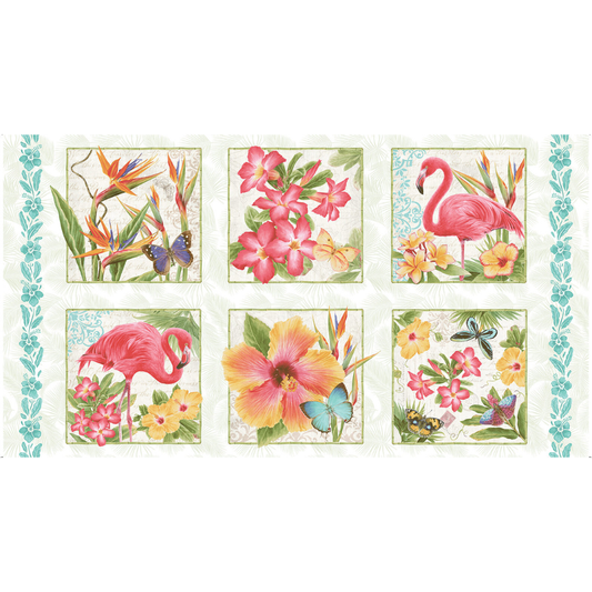 Henry Glass Fabric Pink Paradise Flamingo Panel with 10" x 10" six block design by Henry Glass