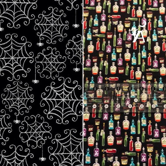 Henry Glass Fabric Riley Blake Haunted House C7134 Apothecary Bottle Fabric, OR Henry Glass Spooky Town Webs Spiderwebs - Black 9115M-99