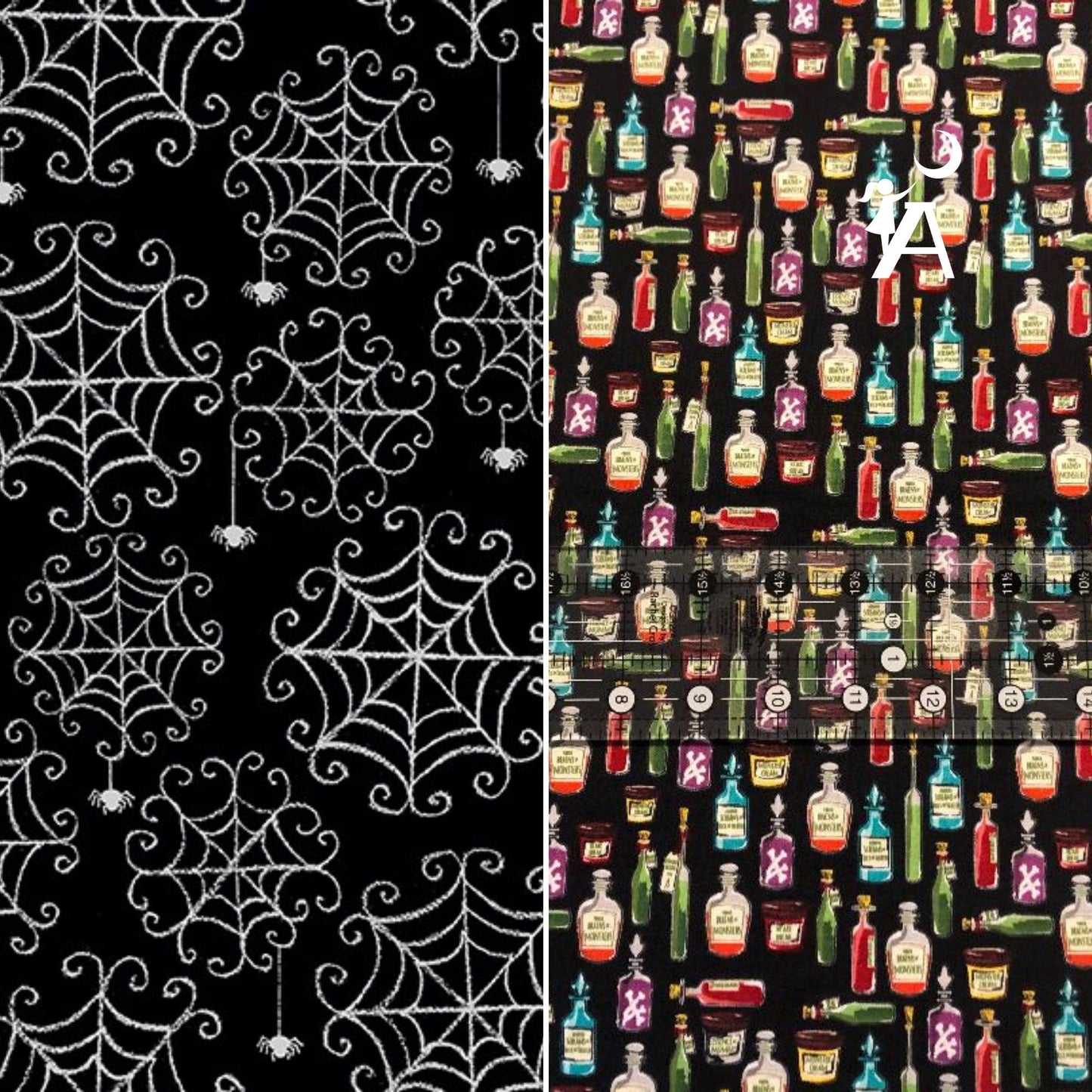 Henry Glass Fabric Riley Blake Haunted House C7134 Apothecary Bottle Fabric, OR Henry Glass Spooky Town Webs Spiderwebs - Black 9115M-99