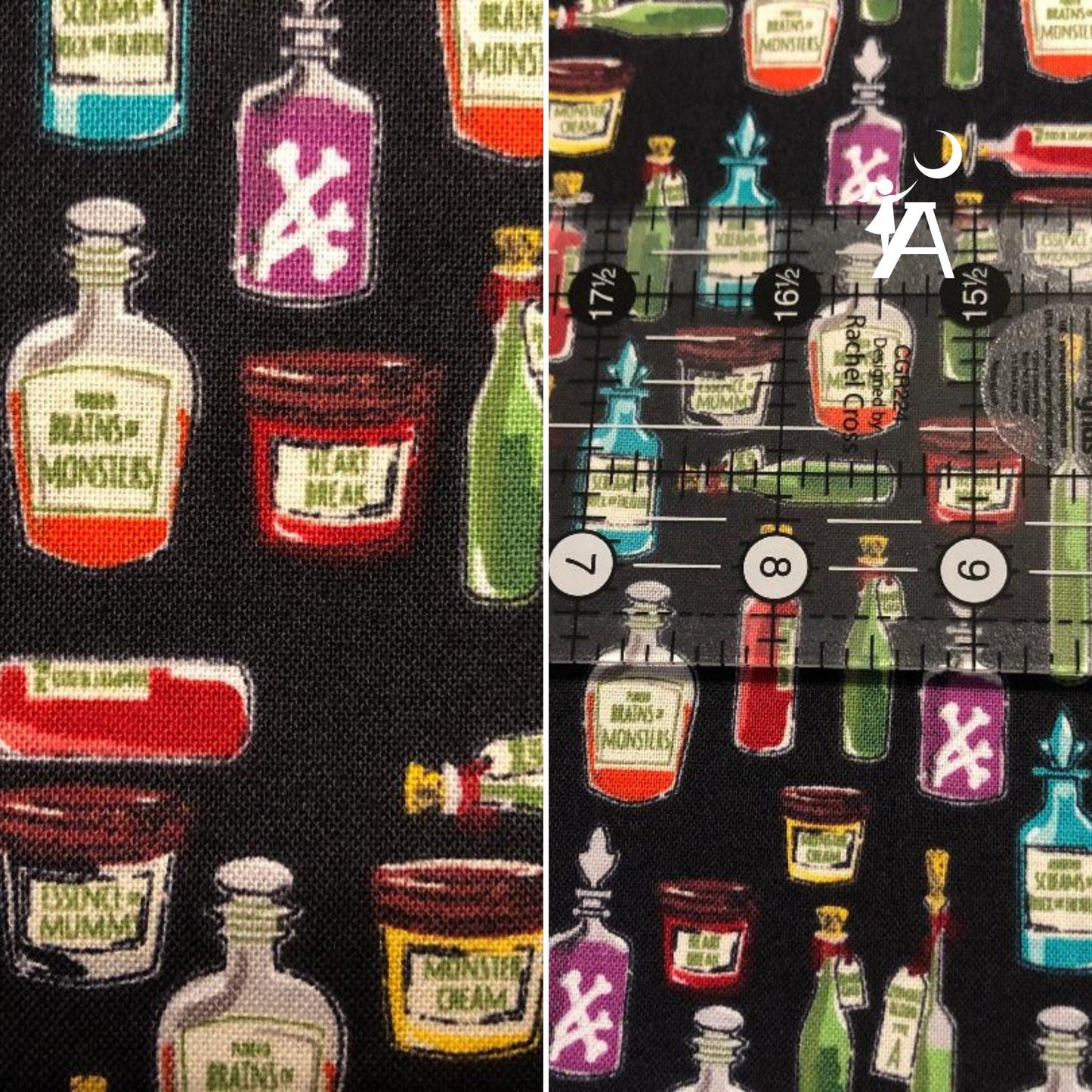 Henry Glass Fabric Riley Blake Haunted House C7134 Apothecary Bottle Fabric, OR Henry Glass Spooky Town Webs Spiderwebs - Black 9115M-99