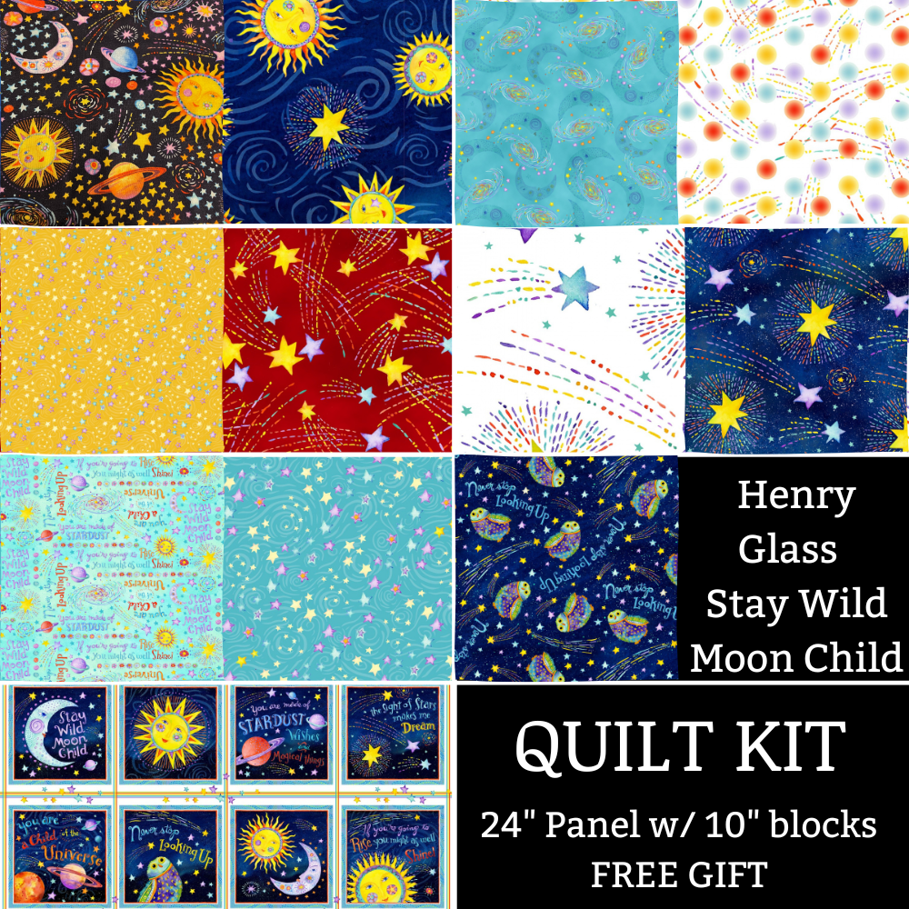 Henry Glass Quilt Kit QUILT KIT Stay Wild Moon Child by Henry Glass with Kwik Shifted Blocks beginner quilt pattern with free panel gift, Celestial Nursery Fabric