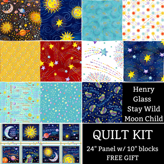 Henry Glass Quilt Kit QUILT KIT Stay Wild Moon Child by Henry Glass with Kwik Shifted Blocks beginner quilt pattern with free panel gift, Celestial Nursery Fabric
