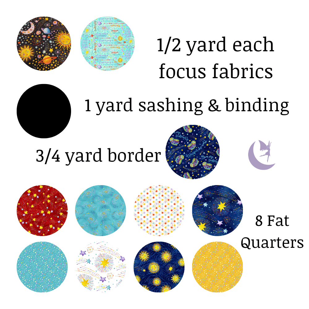 Henry Glass Quilt Kit QUILT KIT Stay Wild Moon Child by Henry Glass with Kwik Shifted Blocks beginner quilt pattern with free panel gift, Celestial Nursery Fabric