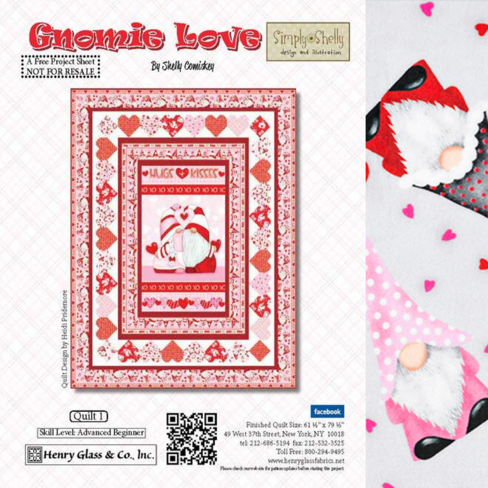 Henry Glass Quilt Kit QUILT KIT w/MINKY5yd Gnomie Love Advanced Beginner Valentine Fabric QUILT KIT with Henry Glass Cotton Gnome Fabric