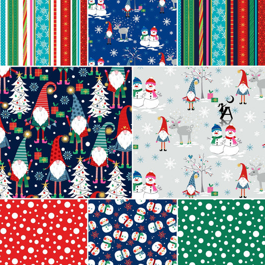 Michael Miller Fabric Michael Miller A Gnome to Fa La La Christmas Metallic Fabric Choose your cotton fabric by the yard, gnome fabric, snowman fabric