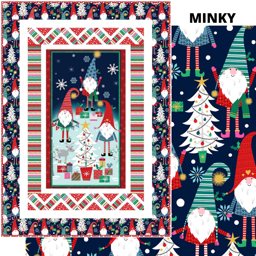 Michael Miller Quilt Kit Quilt Kit/Navy Minky Do the peppermint twist Gnome Beginner Level QUILT KIT finished size 50 x 70 inches, tutorial YouTube instructions