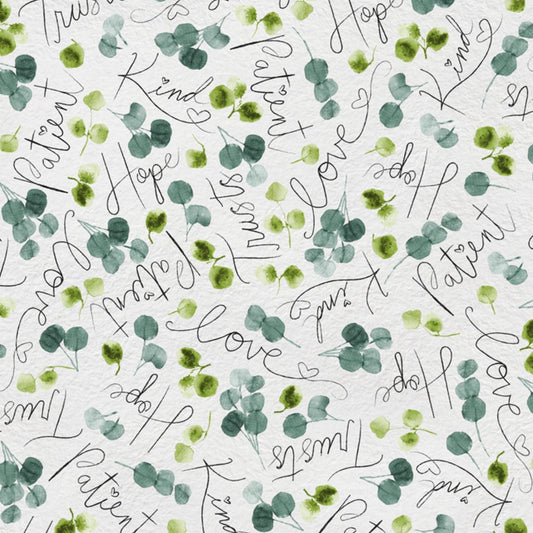 QT Fabrics Fabric FQ (18"x21") Love Never Fails Cotton Wedding Fabric Words & Eucalyptus in Barely Grey by QT Fabrics