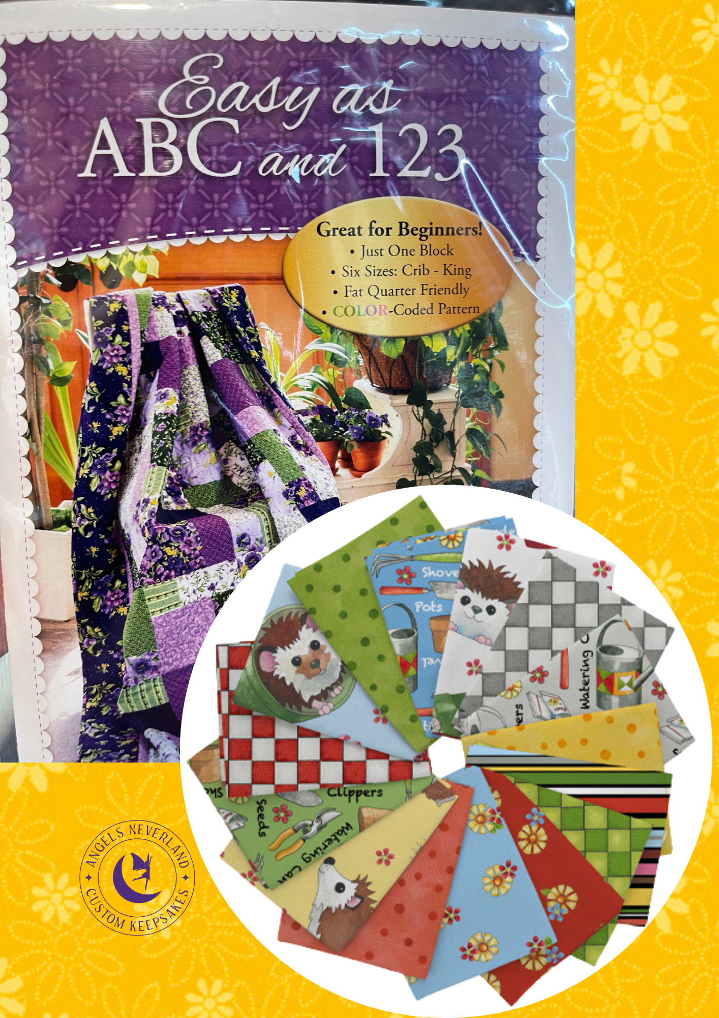 QT Fabrics Quilt Kit Quilt Kit w/backing 2 - yellow flowers Who Let The Hogs Out Beginner Quilt Kit Easy as ABC and 123 Pattern for Lap Size 57" x 75" quilt
