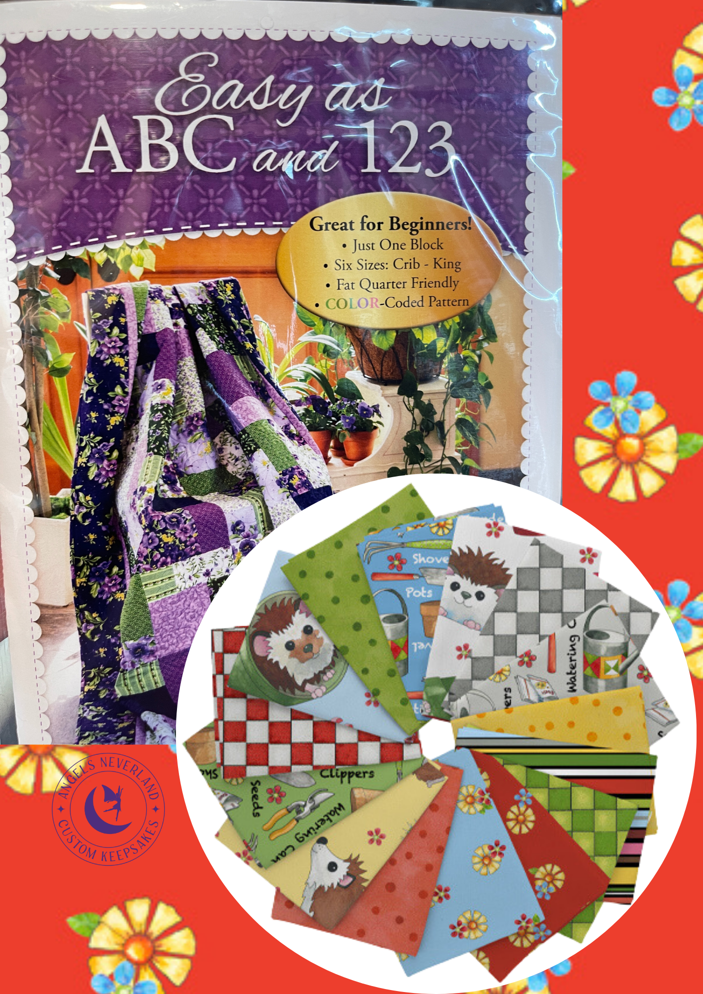 QT Fabrics Quilt Kit Quilt Kit w/backing 4 - red flowers Who Let The Hogs Out Beginner Quilt Kit Easy as ABC and 123 Pattern for Lap Size 57" x 75" quilt
