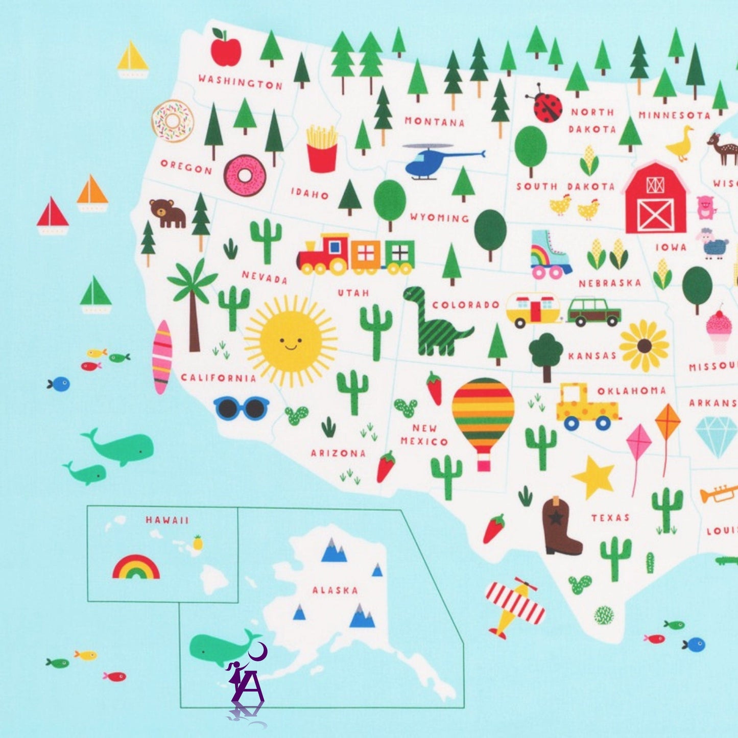 Robert Kaufman Fabric Panel Fun Educational Fabric for home school or e-learning, State to State Fabric