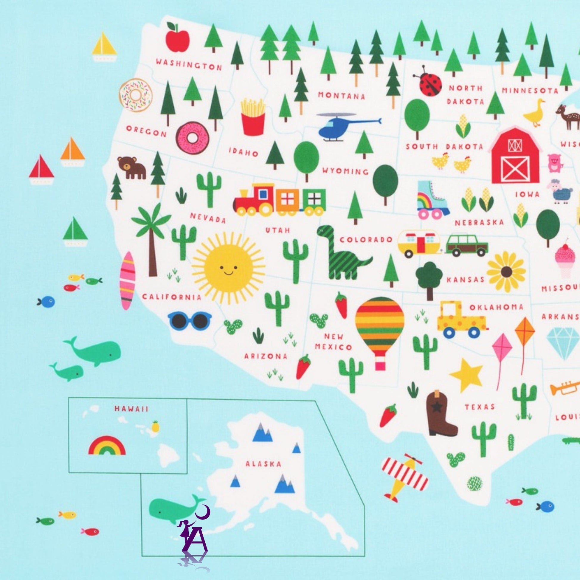 Robert Kaufman Fabric Panel Fun Educational Fabric for home school or e-learning, State to State Fabric