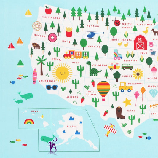 Robert Kaufman Fabric Panel Fun Educational Fabric for home school or e-learning, State to State Fabric