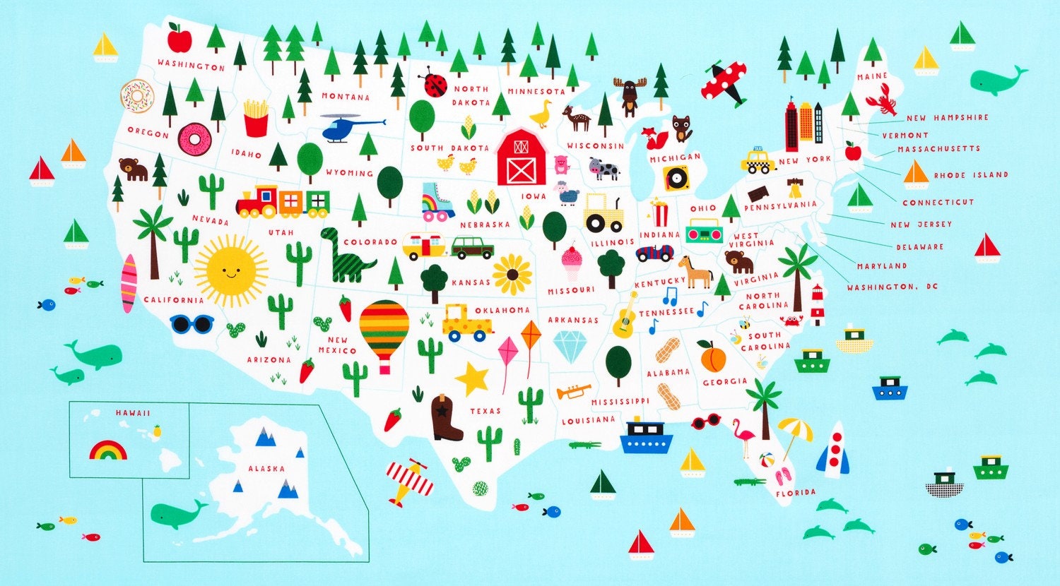 Robert Kaufman Fabric Panel Fun Educational Fabric for home school or e-learning, State to State Fabric