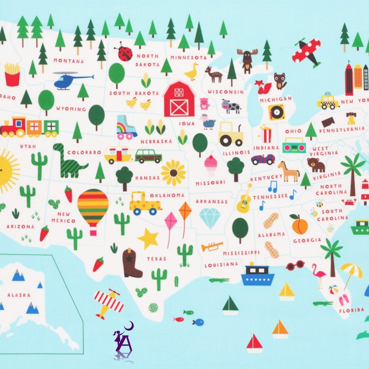 Robert Kaufman Fabric Panel Fun Educational Fabric for home school or e-learning, State to State Fabric