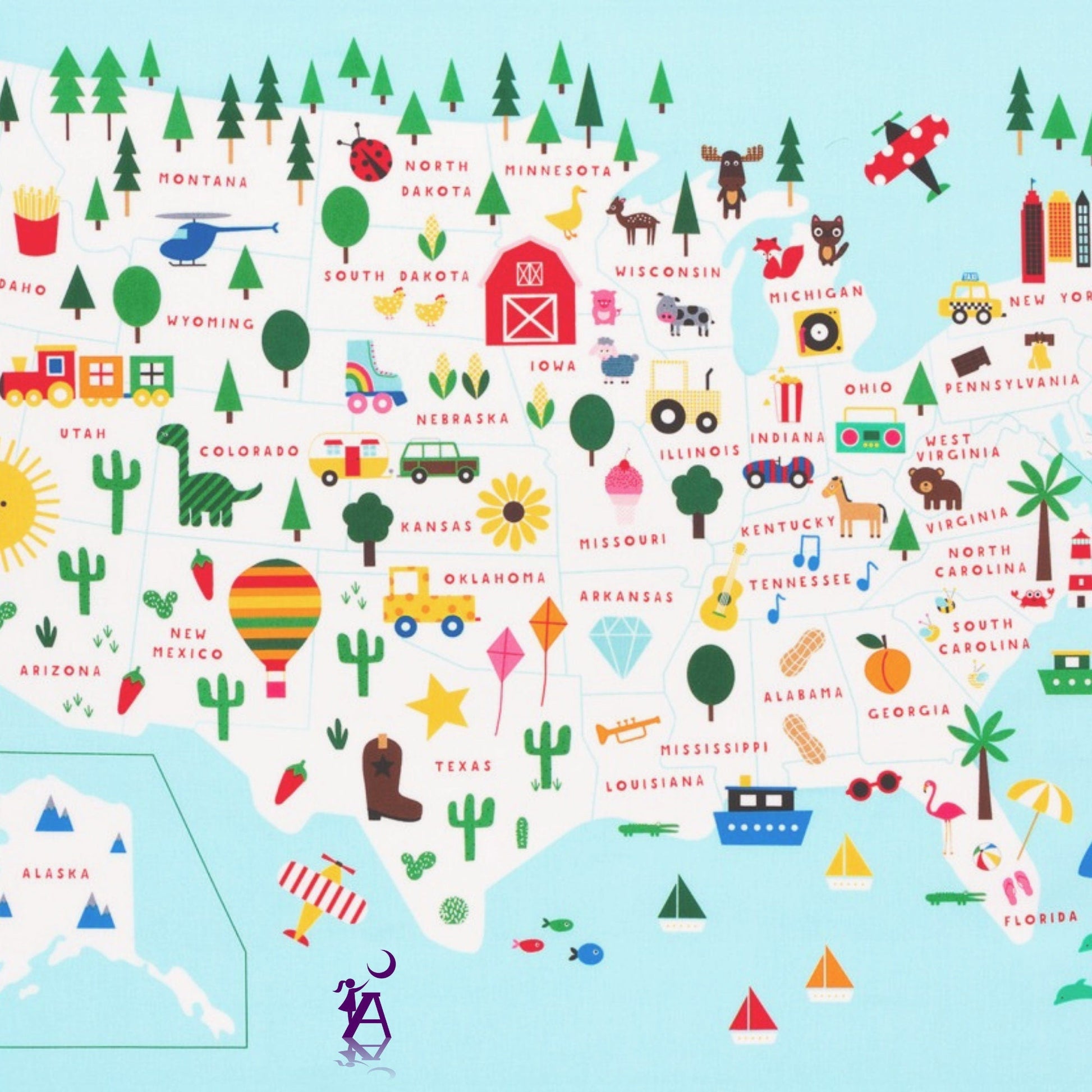 Robert Kaufman Fabric Panel Fun Educational Fabric for home school or e-learning, State to State Fabric