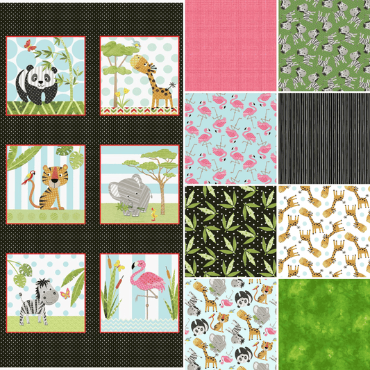 Studio E Fabric Bundle At The Zoo 1/2 yard Fabric Bundle, 9 cotton quilting fabrics & 1 panel