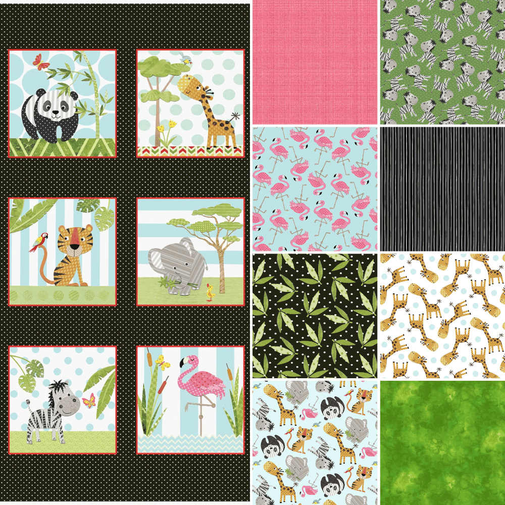 Studio E Fabric Bundle At The Zoo 1/2 yard Fabric Bundle, 9 cotton quilting fabrics & 1 panel