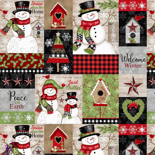 Studio E Fabric FQ 18" x 22" Multi Snowman Patch, Snow Place Like Home by Studio E Christmas Snowman fabric, Christmas Cotton Fabric by the yard, Cheater Quilt Fabric