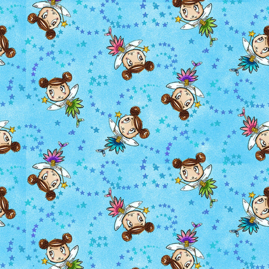 Studio E Fabric Tossed allover Cyan Fairies Believe in Magic Fabric from Studio E