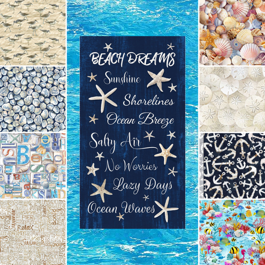 Timeless Treasures Fabric Bundle Beach and Nautical 1/2 yard Fabric Bundle with Beach Dreams PANEL - 9 half yard prints and 1 Panel