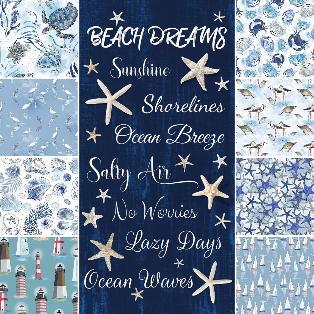 fabric panels for quilting ocean, crab, beach, seashore