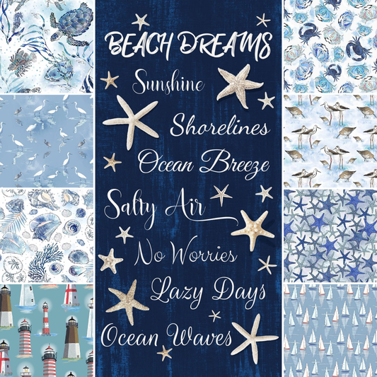 Timeless Treasures Fabric Bundle Thomas Little Ocean Blue Beach Fabric & Nautical Fabric FQ Bundle with Beach Dreams Panel (8 FQ pieces and 1 panel)