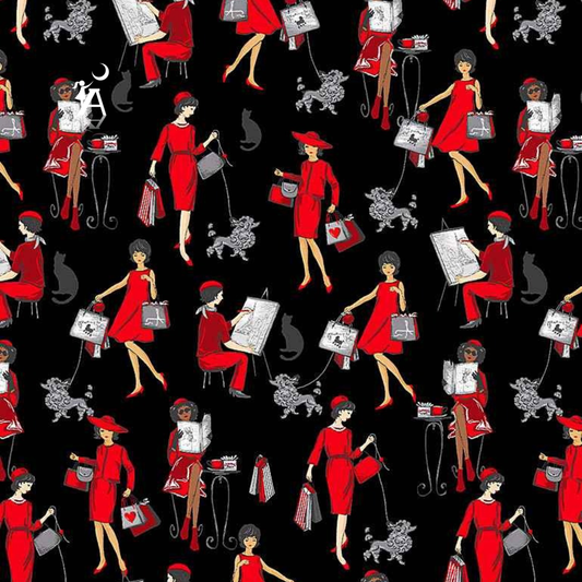 Timeless Treasures Fabric FQ (18"x21") Parisian Women in Red Bonjour Parisian Paris Fabric Yardage by Timeless Treasures
