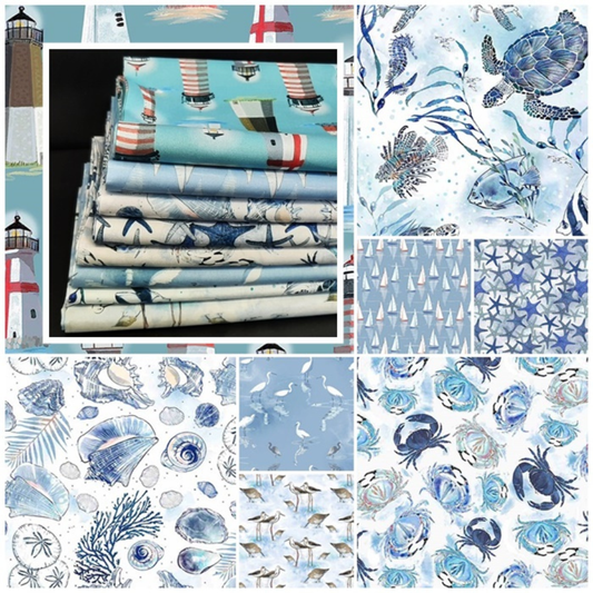 Timeless Treasures Fabric FQ Bundle (8prints) Thomas Little Ocean Blue Beach Fabric & Nautical Fabric Bundle by Timeless Treasures 8 prints