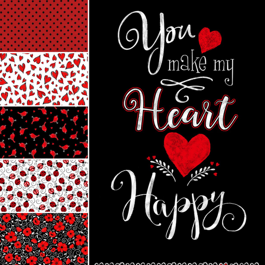 Timeless Treasures Fabric FQ Bundle (Five FQ cuts + Panel) You Make My Heart Happy FQs with PANEL Bundle Cotton Fabric by Timeless Treasures