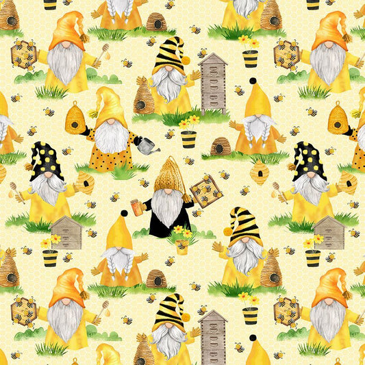Timeless Treasures Fabric FQ Home Is Where My Honey Is Beekeeper Gnomes GAIL-CD1849  YELLOW