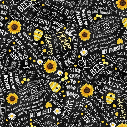 Timeless Treasures Fabric FQ Home Is Where My Honey Is Motivational Bee Quotes GAIL-CD1848  BLACK
