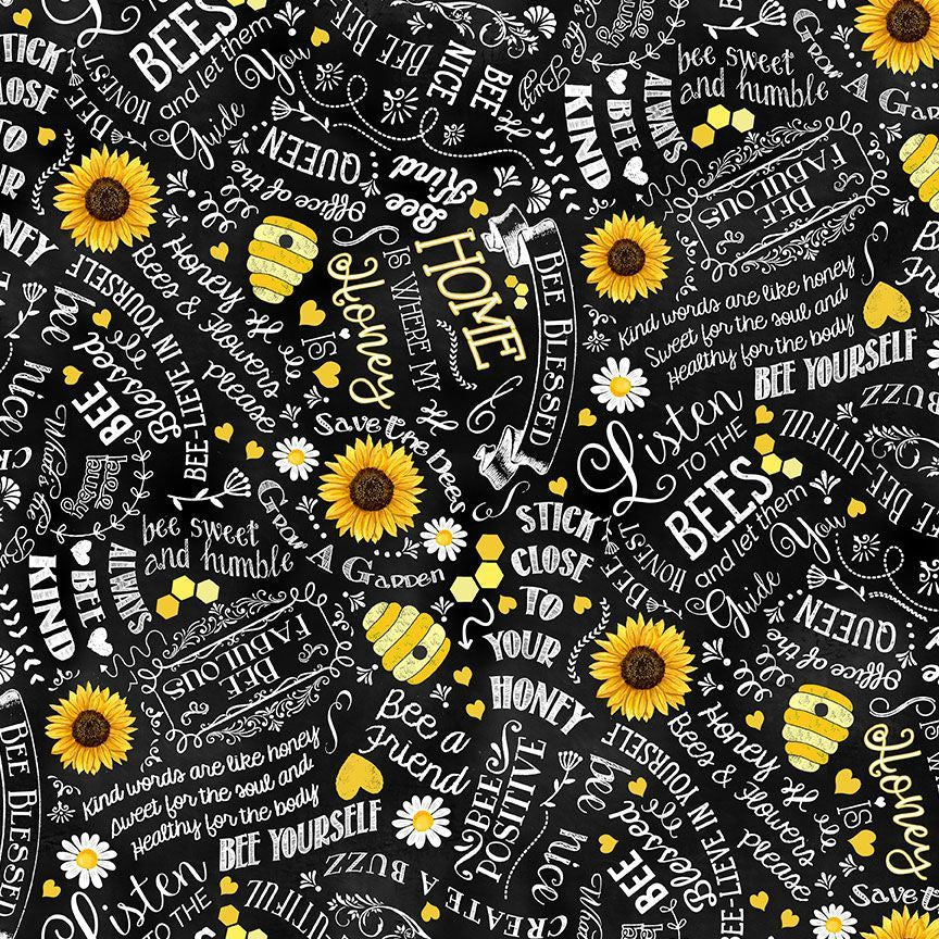 Timeless Treasures Fabric FQ Home Is Where My Honey Is Motivational Bee Quotes GAIL-CD1848  BLACK