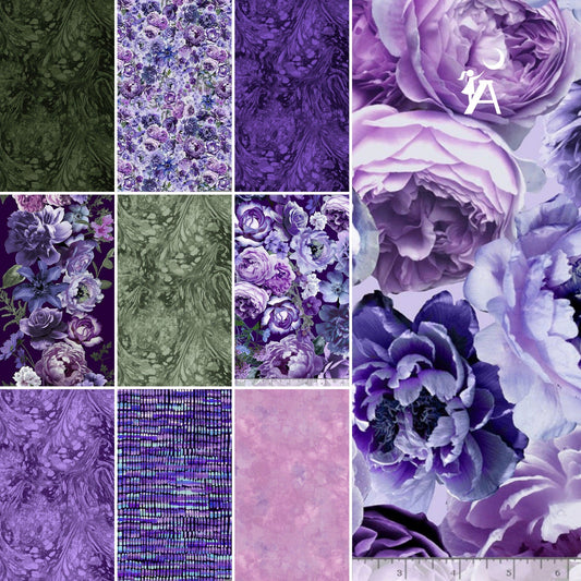 Timeless Treasures Fabric FQ's Only NO PANEL Timeless Treasures Fabric, Purple Peonies Floral Dreams Fabric Bundle Cotton fabric, Purple Fabric, FQ Bundle w, Blender Fabrics