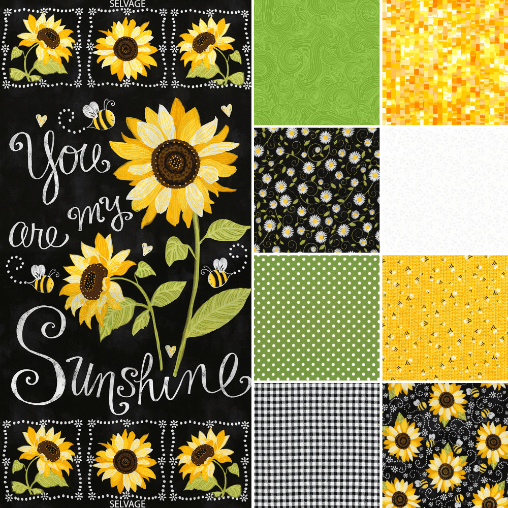 Timeless Treasures Fabric HALF YARD BUNDLE Floral You are my Sunshine Fabric bundle with Sunflower Cotton Panel Fabric and 8 Print Bundle FQ, 1/2 yard or 1 yard