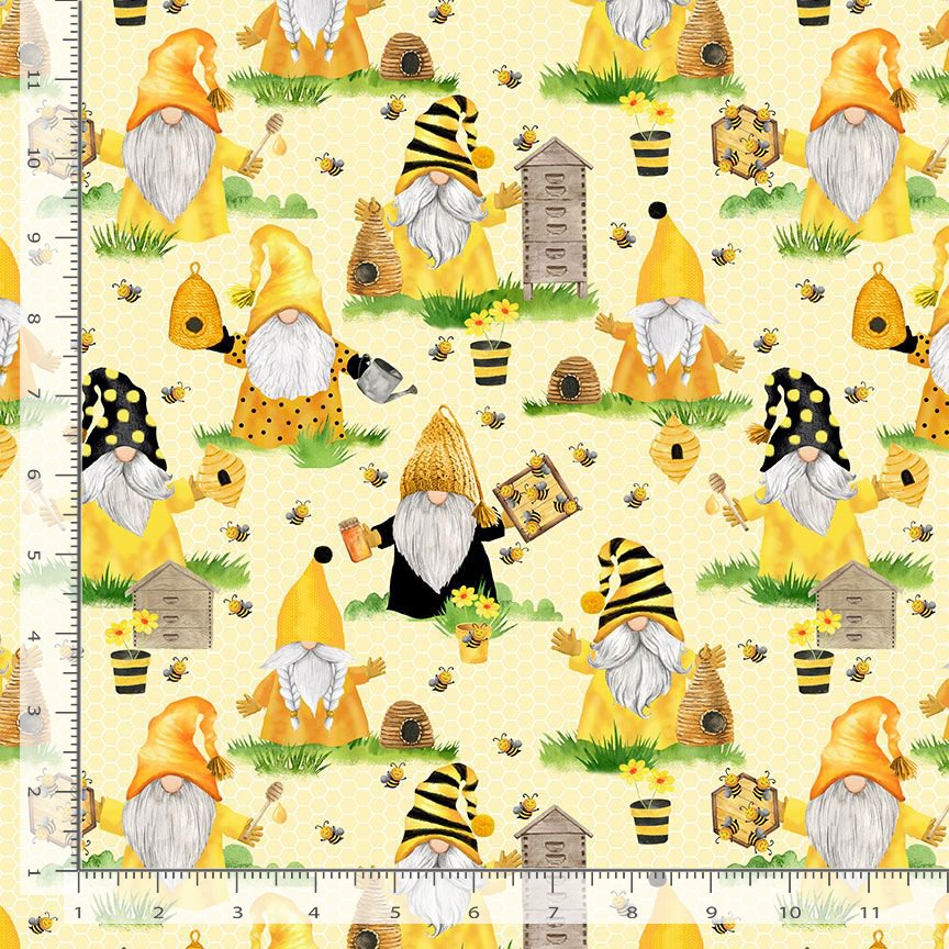 Timeless Treasures Fabric Home Is Where My Honey Is Beekeeper Gnomes GAIL-CD1849  YELLOW