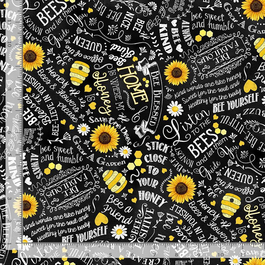 Timeless Treasures Fabric Home Is Where My Honey Is Motivational Bee Quotes GAIL-CD1848  BLACK